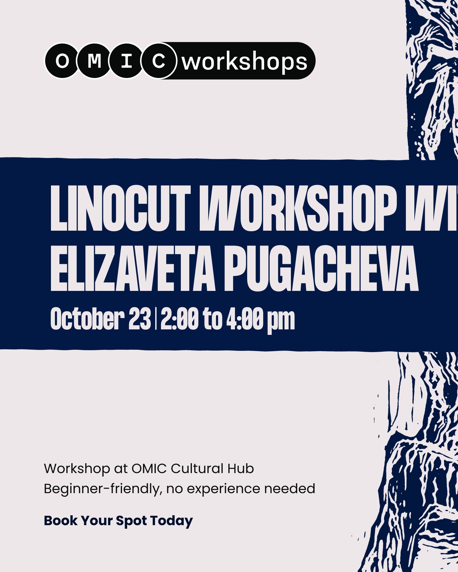 Linocut Workshop with Elizaveta Pugacheva, October 23, 2:00 to 4:00 PM. Beginner-friendly, no experience needed.