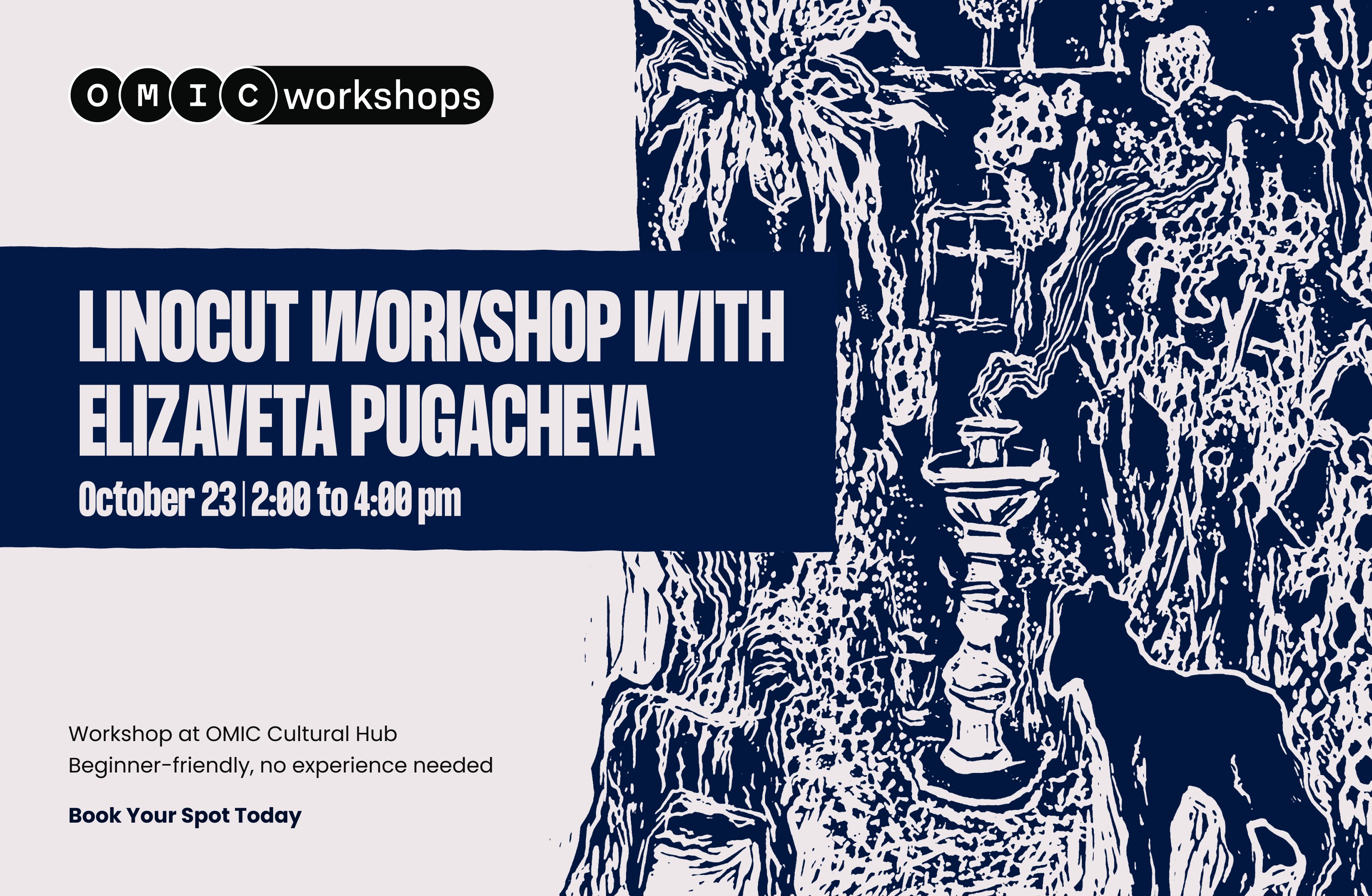 Learn linocut printing in 2 hours. Workshop at OMIC Cultural Hub, October 23, 2:00 to 4:00 PM. Beginner-friendly, no experience needed.